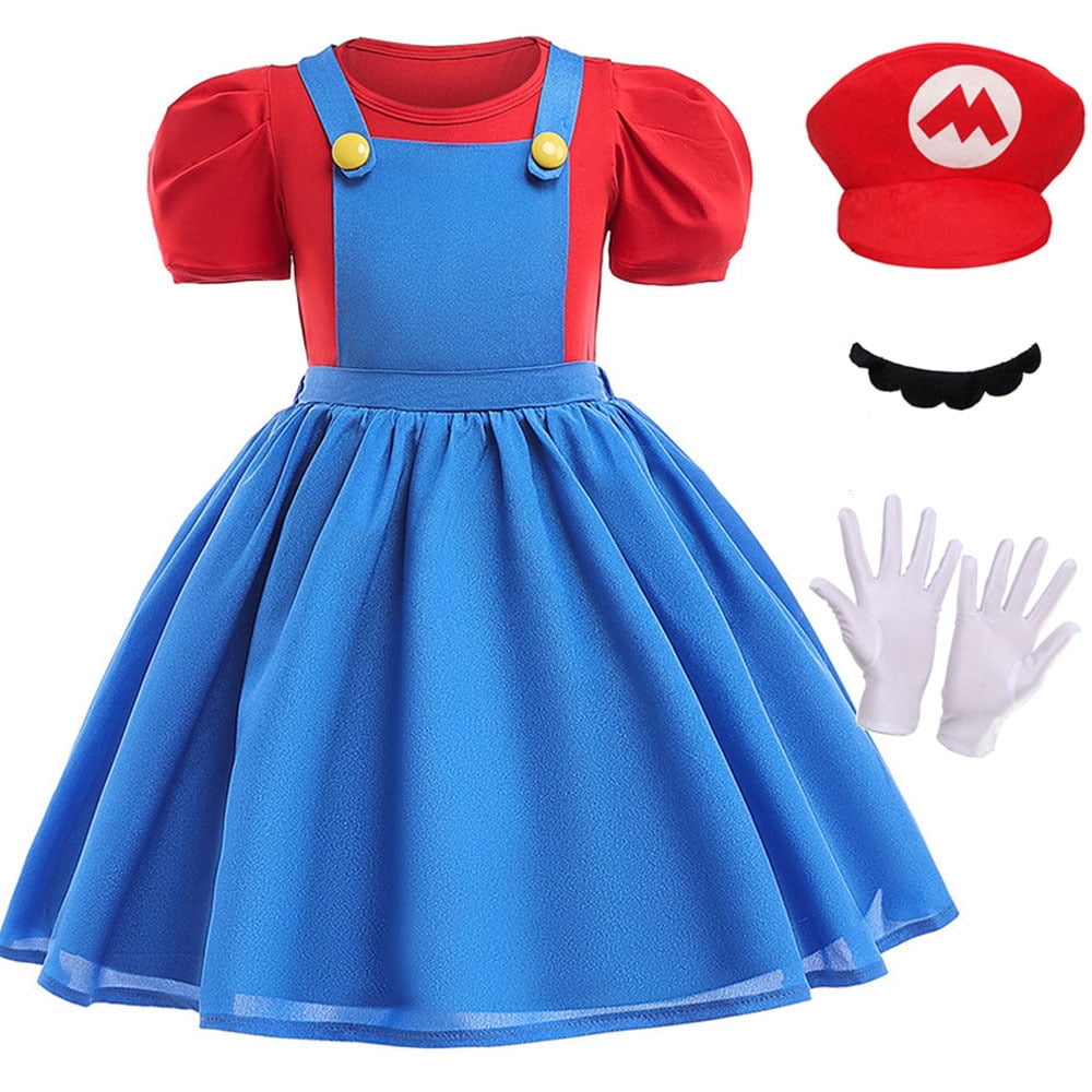 Girl Mario Costume Set with Hat and Gloves Halloween Party Dress Up